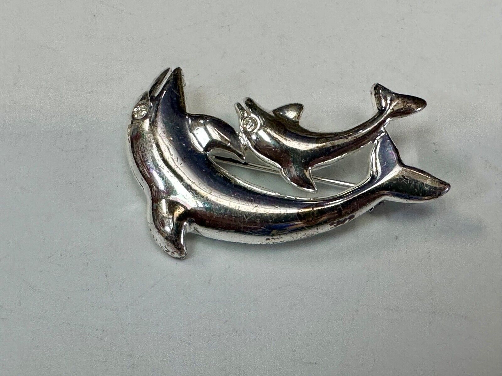 Two  Dolphins Curved Jumping in ocean scene AK Anne Klein Brooch Pin