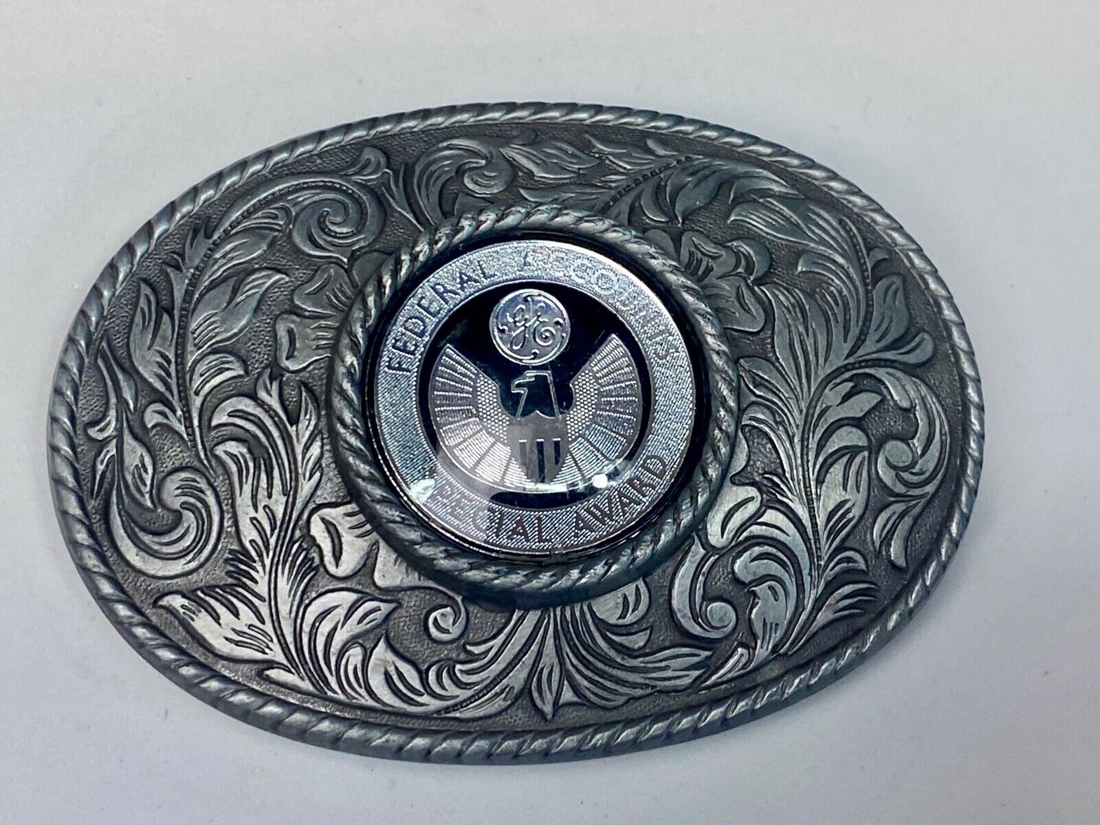 Vintage Ge Federal Accounts Special Award Centerpiece Western Ornate Belt Buckle