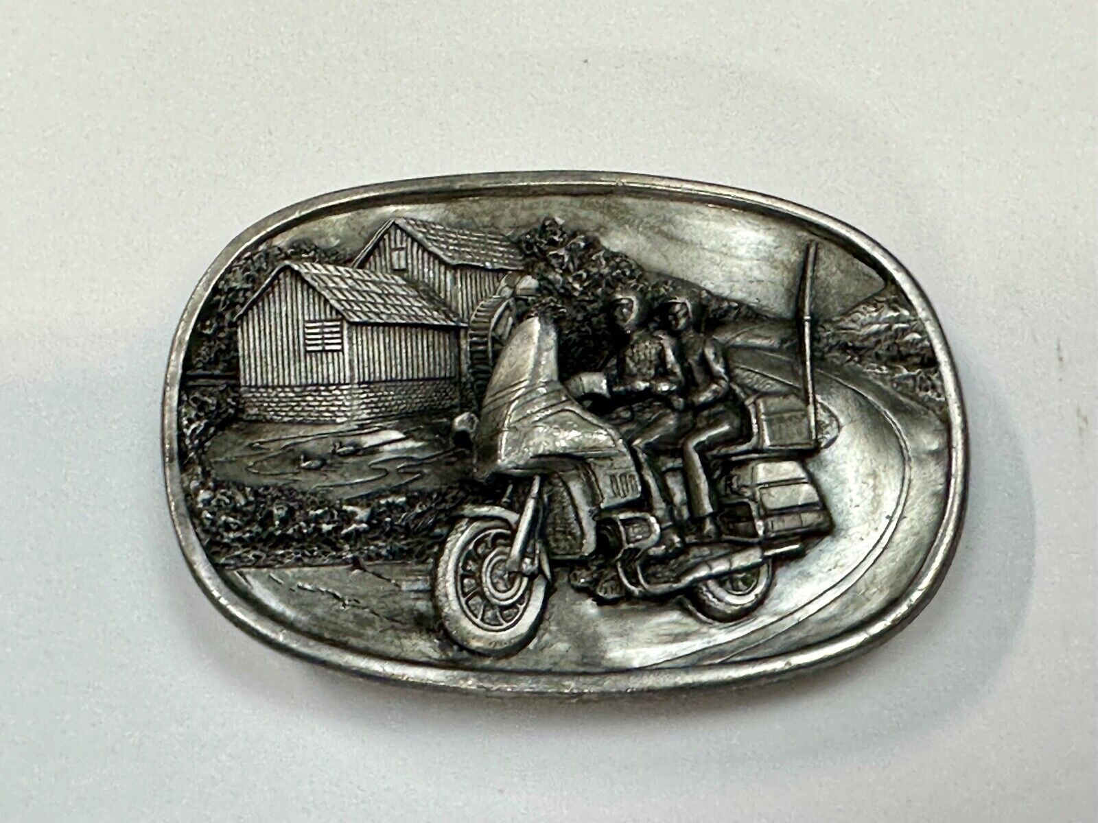Biker Couple riding on Motorcycle  Vintage 1984 Bergamot belt buckle  L-49 1