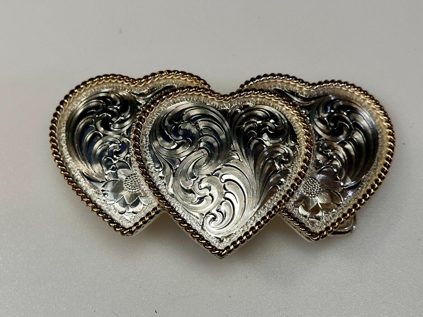 Triple 3 Hearts  Etched Floral Vintage Large Montana Silversmiths Belt Buckle