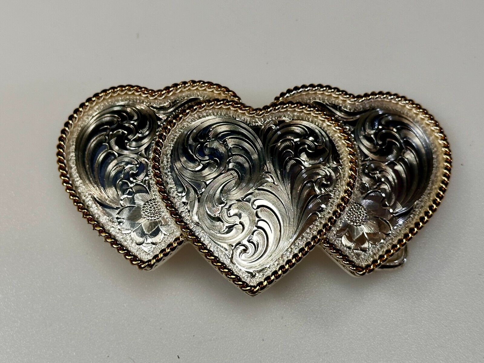 Triple 3 Hearts  Etched Floral Vintage Large Montana Silversmiths Belt Buckle