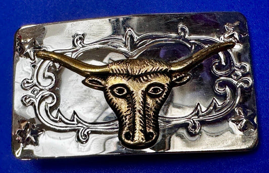 Texas Longhorn Steer Bull Rodeo Two Tone Ornate Western Small Vtg. Belt Buckle