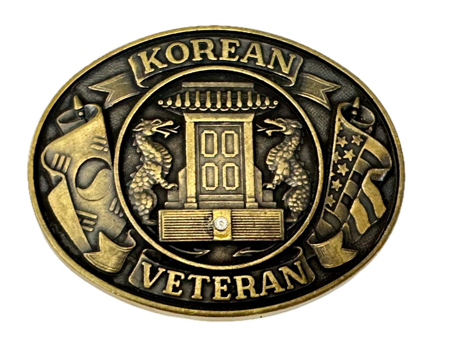 American Korean War Veteran WW II Soldier Commemorative Brass Tone Belt Buckle