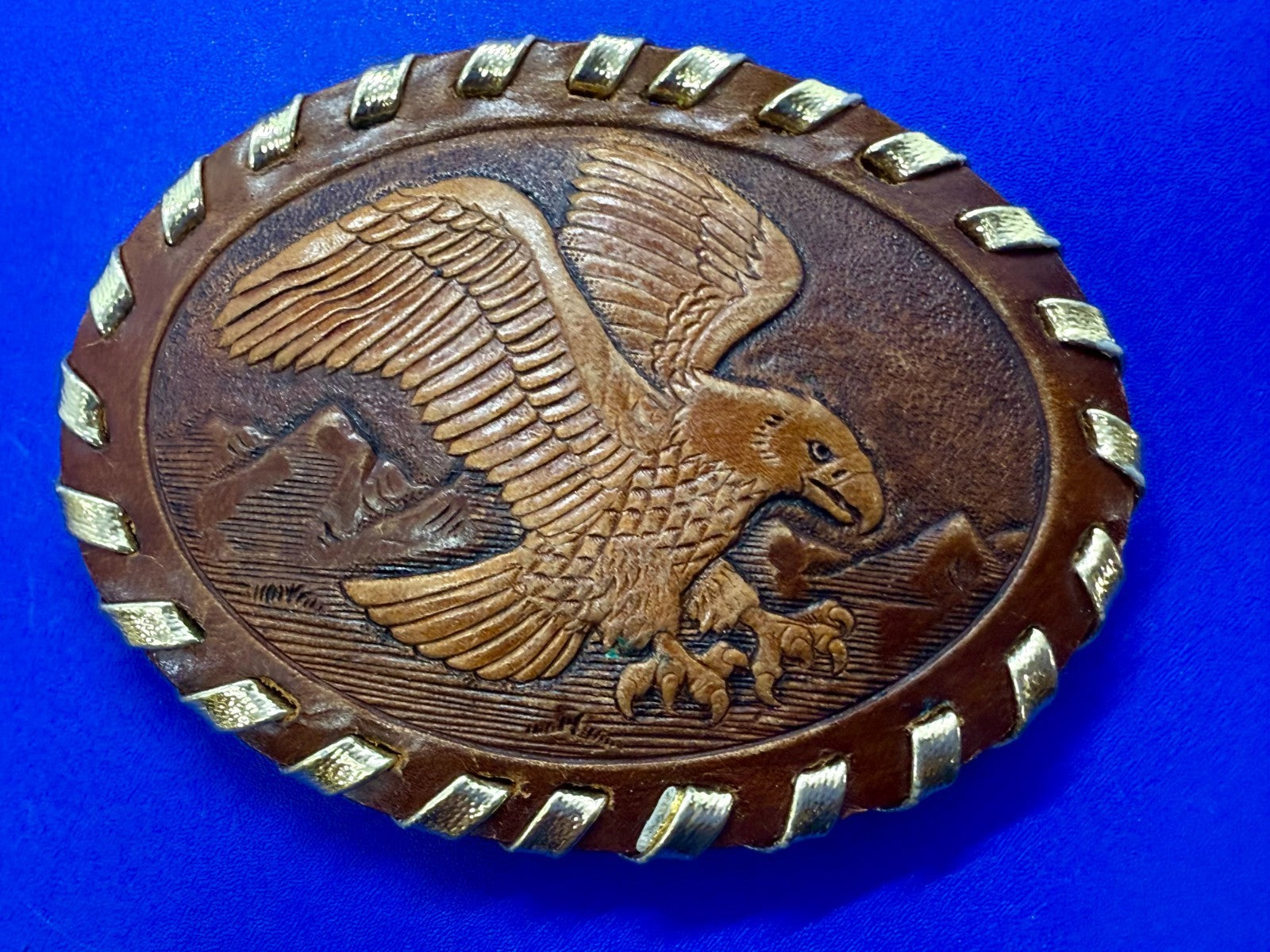 American Bald Eagle Flying Over the Mountain Embossed on Leather Belt Buckle
