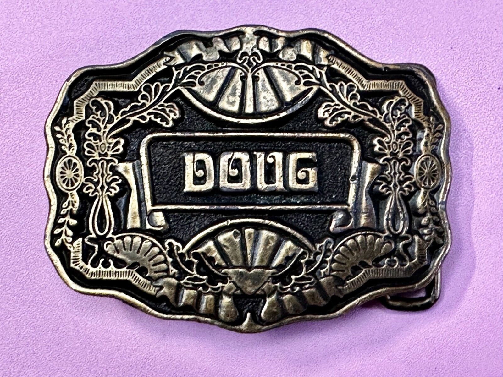 1970s DOUG Name - Custom Brass Tone Metal Oden USA Personalized Belt Buckle