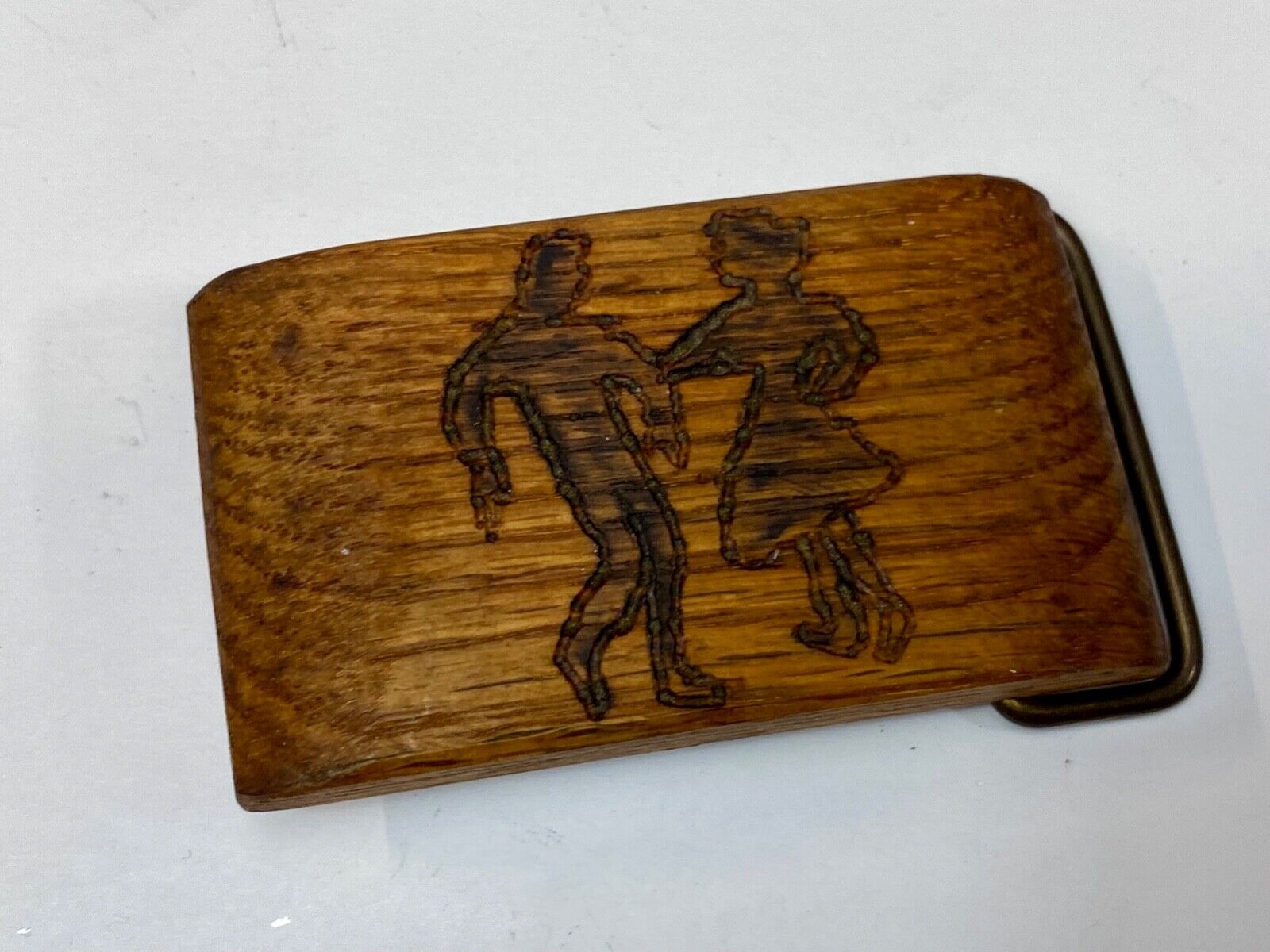 Artisan country line square Dancing Couple burned into wood grain belt buckle