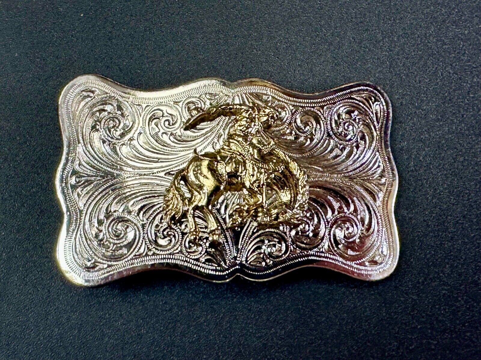 Vintage Cowboy Saddle Bronc western two tone ornate flower swirl belt buckle