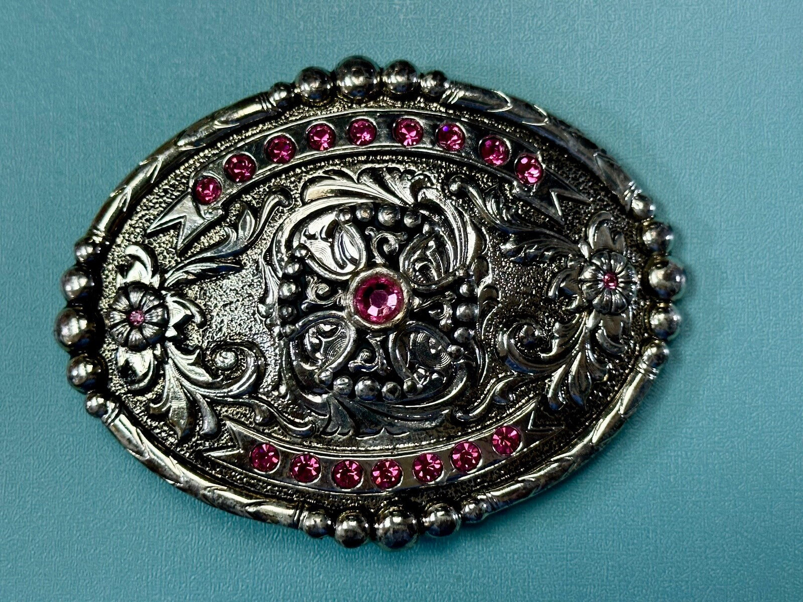 Authentic Silver Plated Pewter Belt Buckle With Cowgirls Girly Pink Rhinestones 