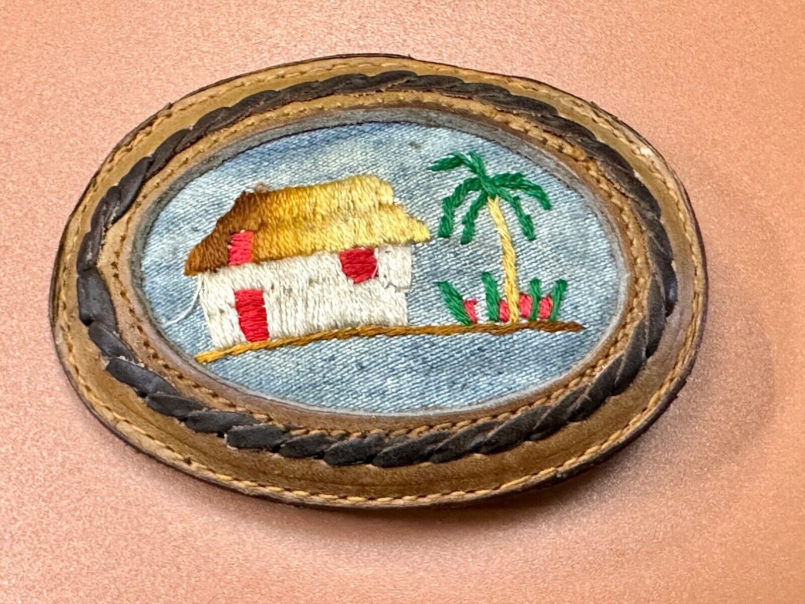 tropical vacation beach scene - QUALITY mixed leather oval belt buckle