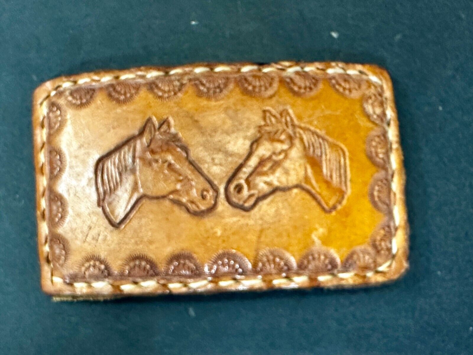 Two Horse Heads Vintage Stitched Brown Leather Rectangular Belt Buckle