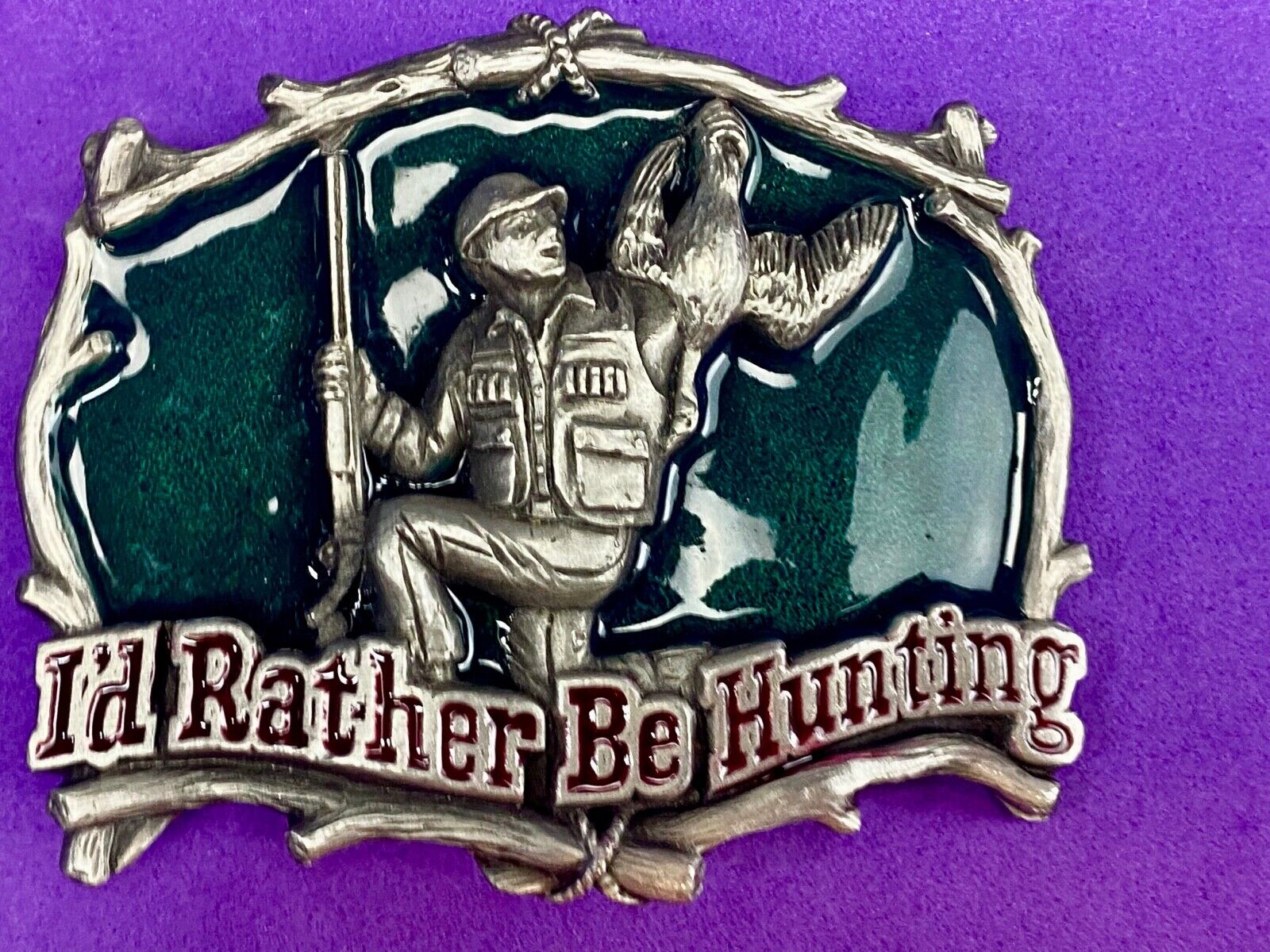 Vintage 1994 Great American USA Belt Buckle ~~ I'd Rather Be Hunting Quail gun