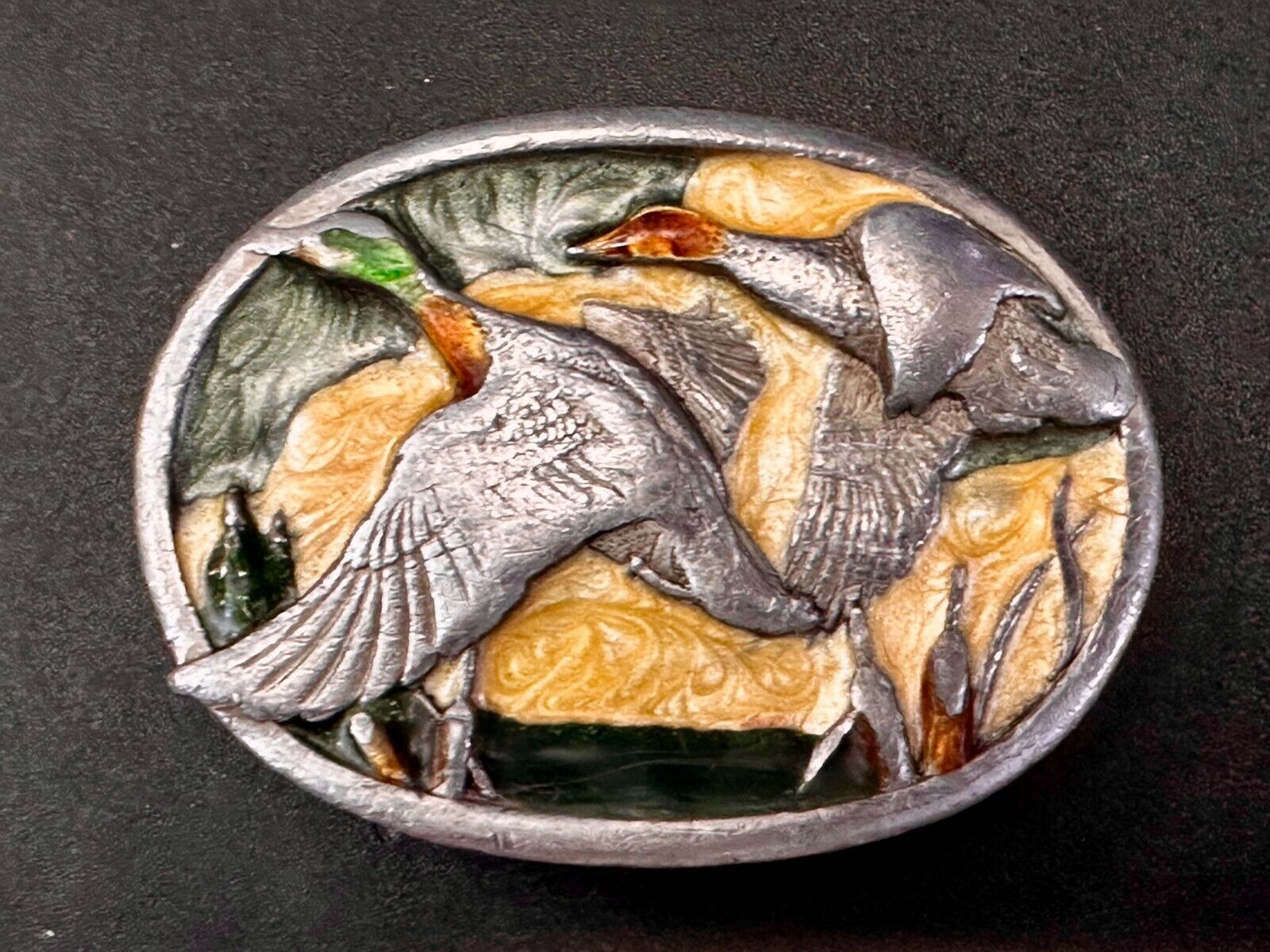 American Wild Mallards Ducks  Flying Over the Lake VTG 1983 Belt Buckle Siskiyou