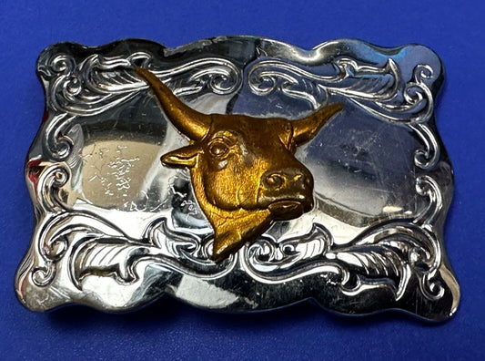 Vintage Cowboys Longhorn W/ Engraved Swirl Pattern Belt Buckle By Chambers