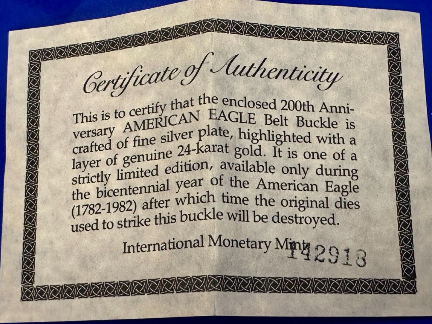 American Eagle commemorative 24K gold & silver plated belt buckle w/ COA
