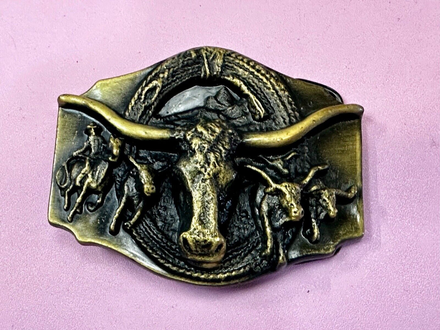Vintage Long Horn Roping Horseback Rodeo Cowboy and Raised 3D Head Belt Buckle
