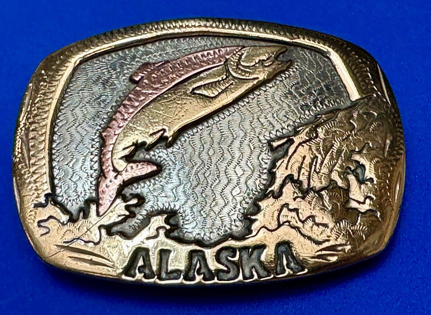 Vintage  Alaska Fish Trout western two tone belt buckle Handcrafted in the USA