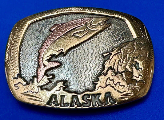 Vintage  Alaska Fish Trout western two tone belt buckle Handcrafted in the USA