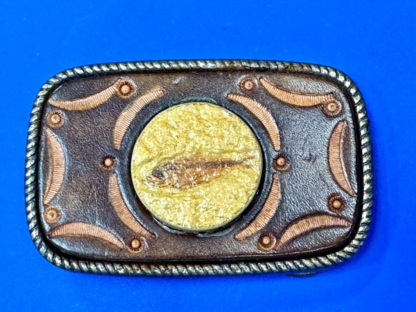 Unique artisan FISH drawing as centerpiece belt buckle - faux? leather backing