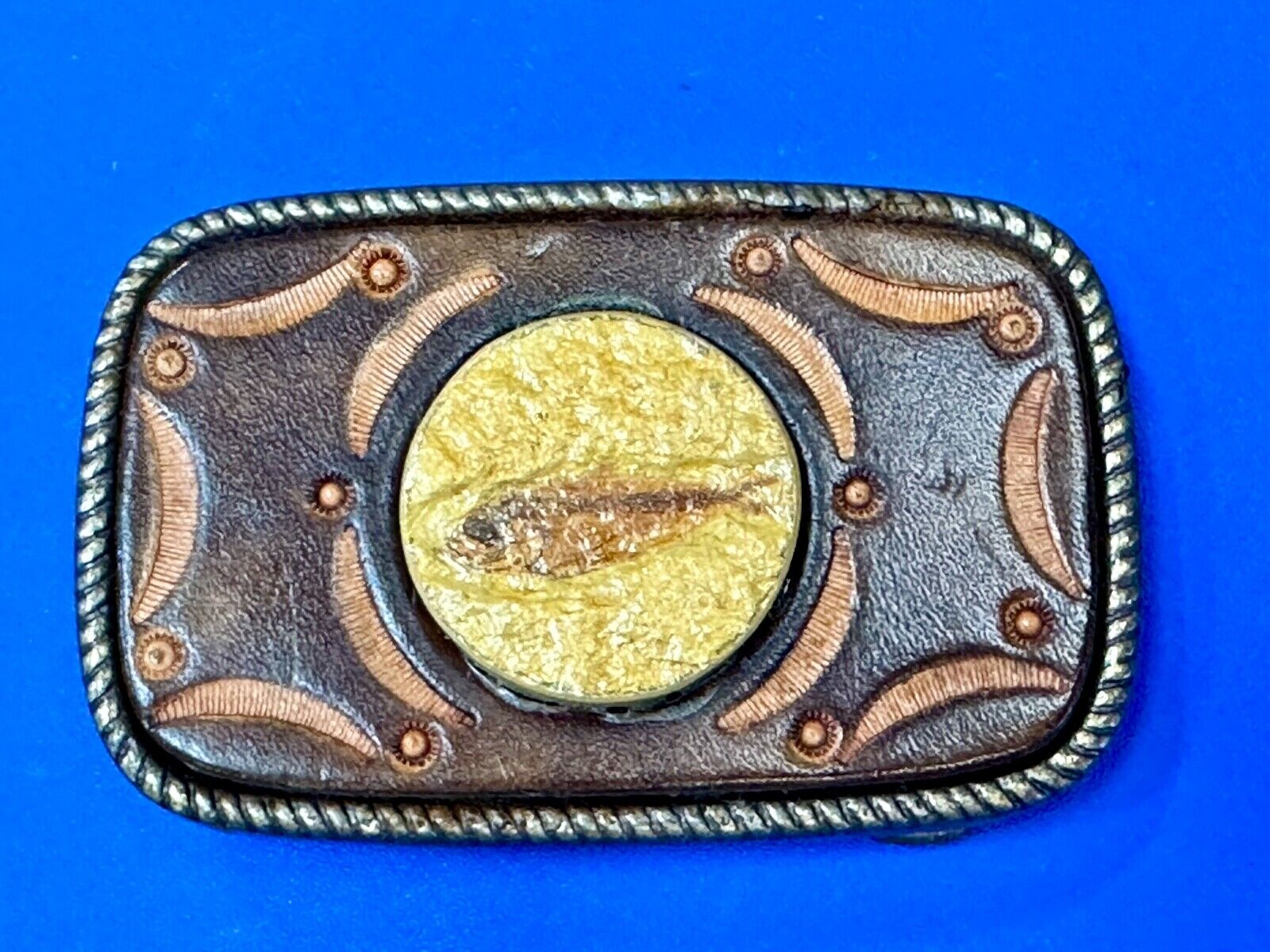 Unique artisan FISH drawing as centerpiece belt buckle - faux? leather backing