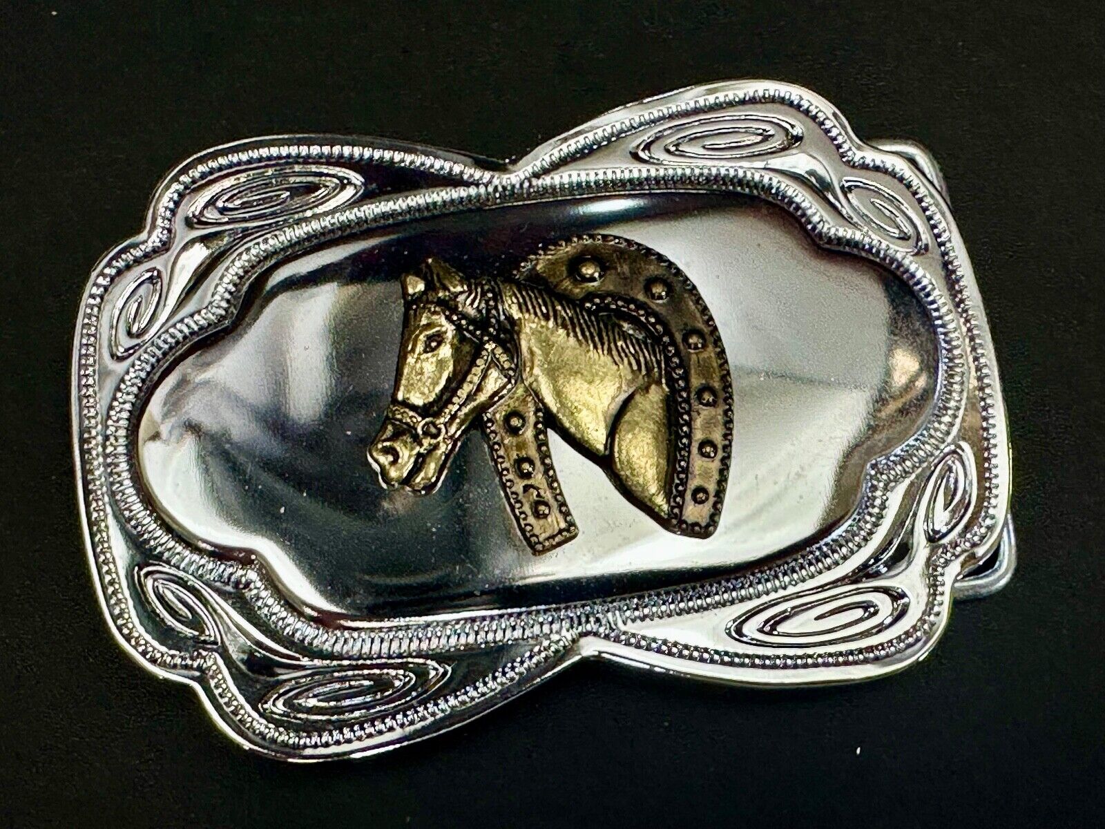 Beautiful NOS Horse head through lucky horseshoe -  Two tone belt buckle