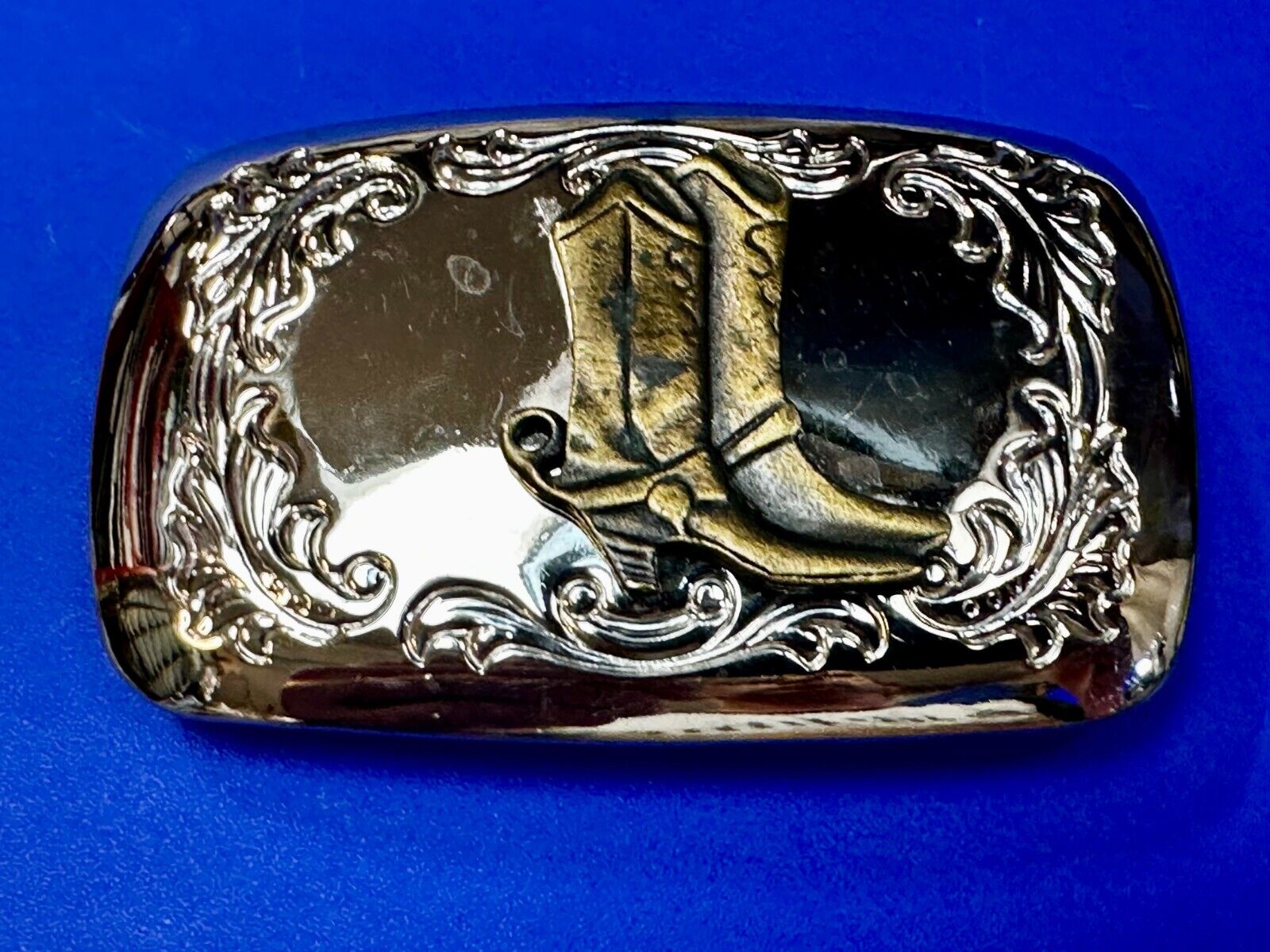 Western Cowboy Boots Vtg Two Tone Swirl Flower Border Belt Buckle - Made in USA