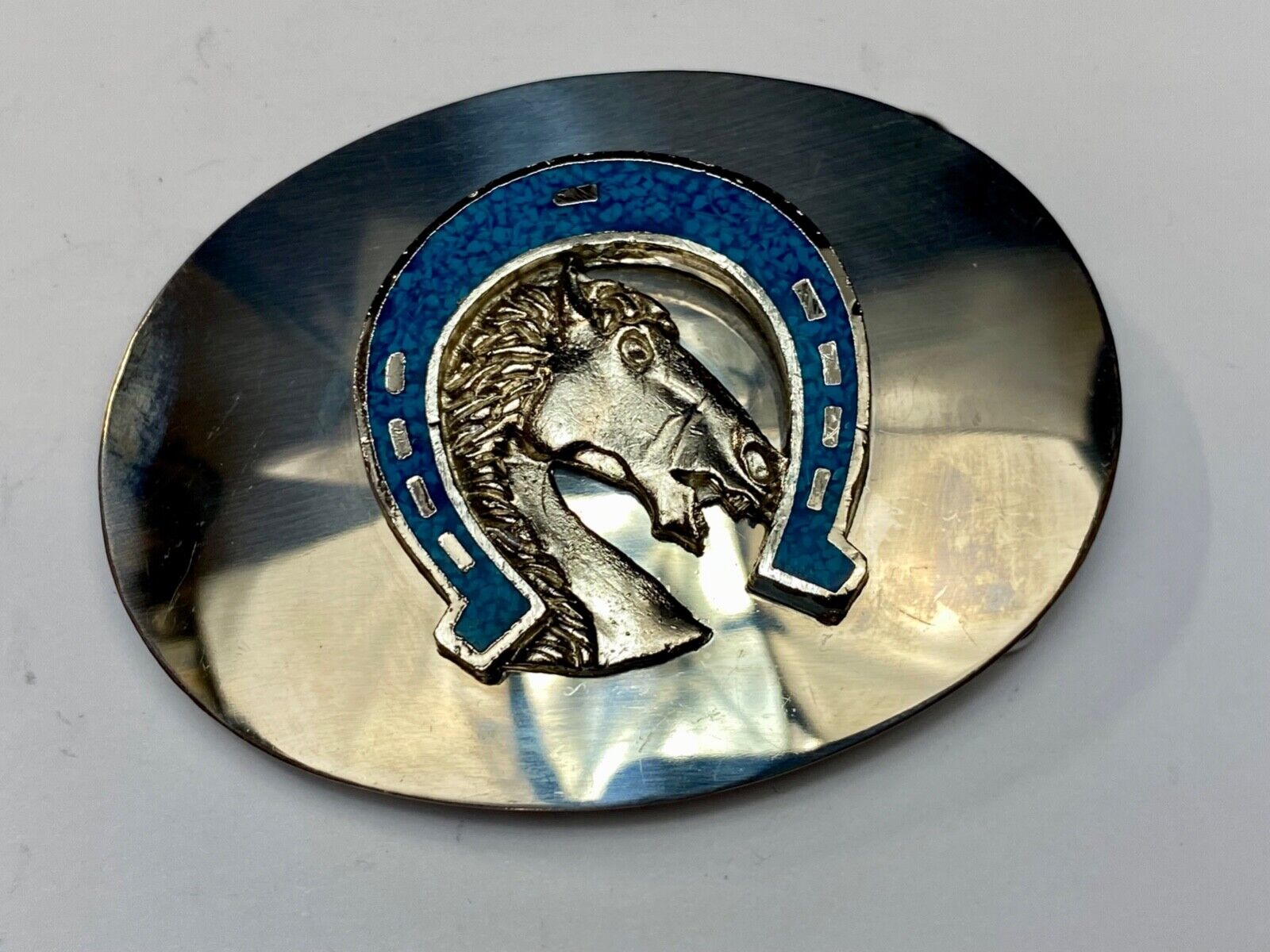 Vintage Horse head in Turquoise chip inlaid Horseshoe reflective belt buckle