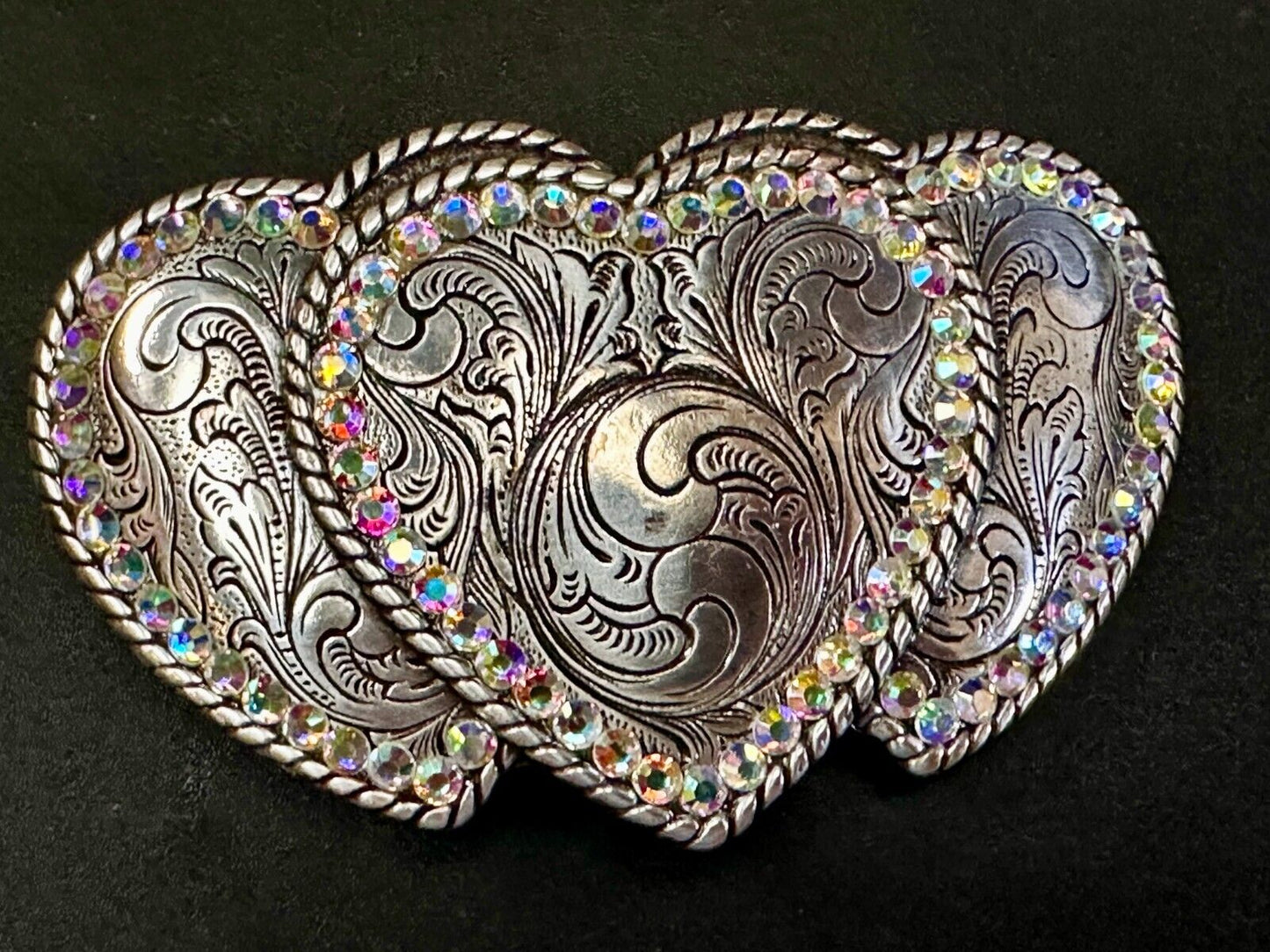 Triple / 3 Hearts - Rhinestone accented Silver tone cutout western Belt Buckle