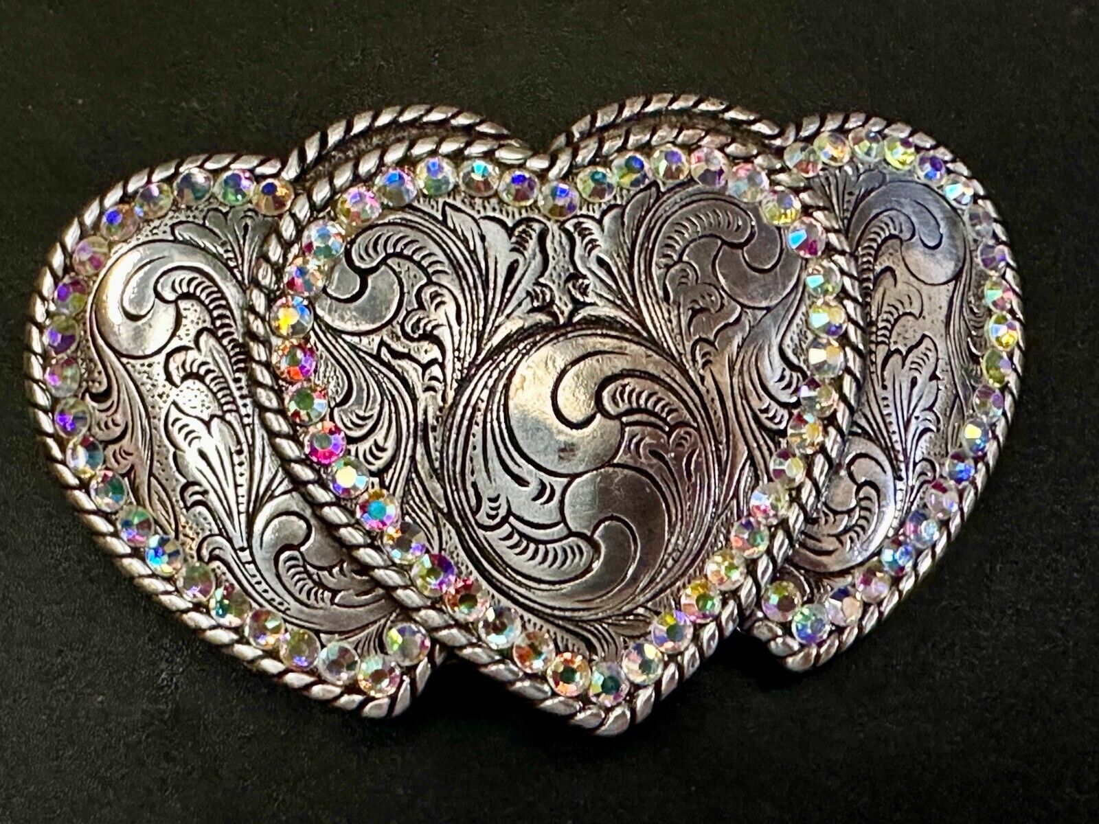 Triple / 3 Hearts - Rhinestone accented Silver tone cutout western Belt Buckle