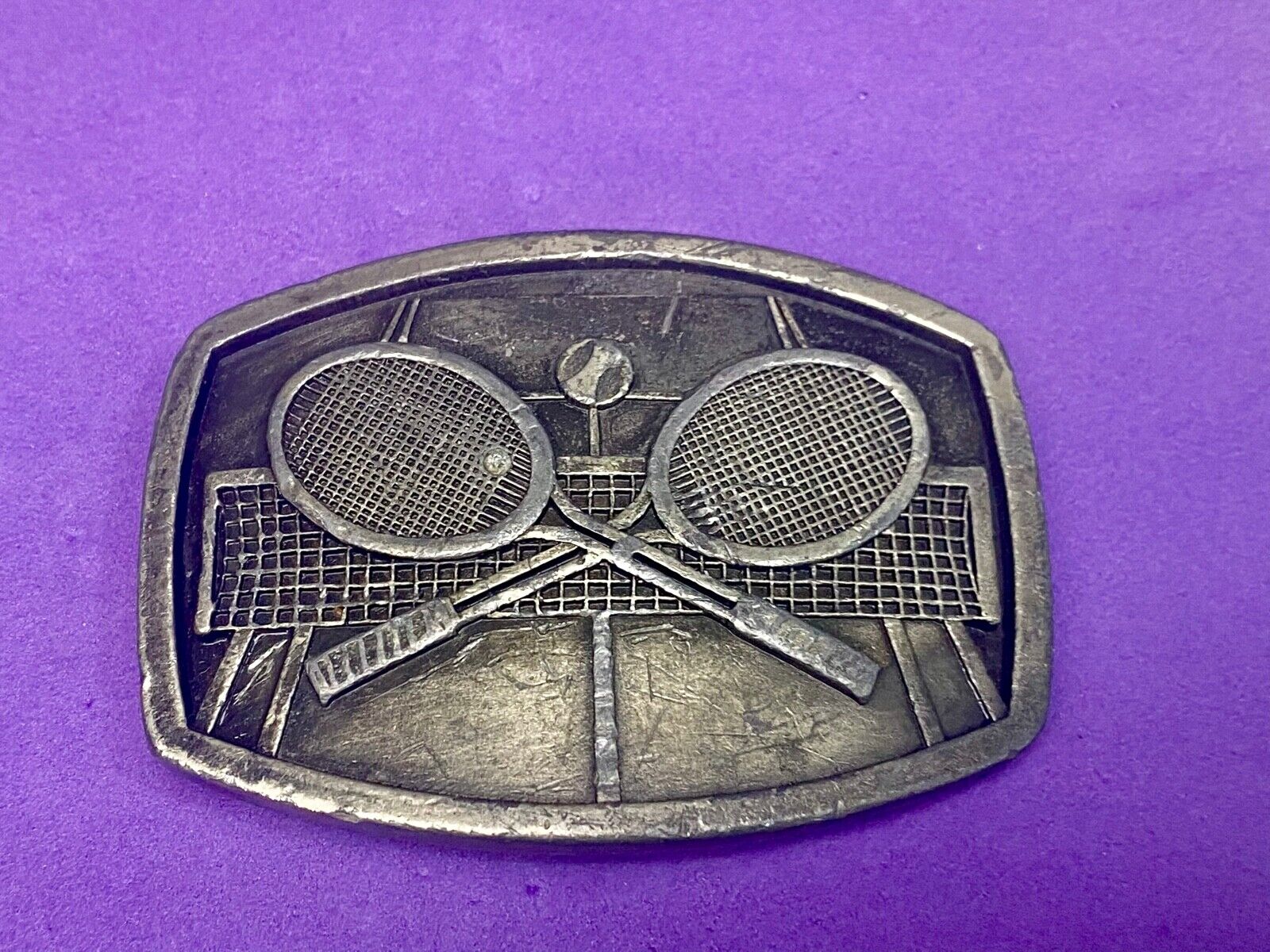 Vintage 1977 Tennis Sport Racquet Racket Court Net Tennis Ball Belt Buckle 