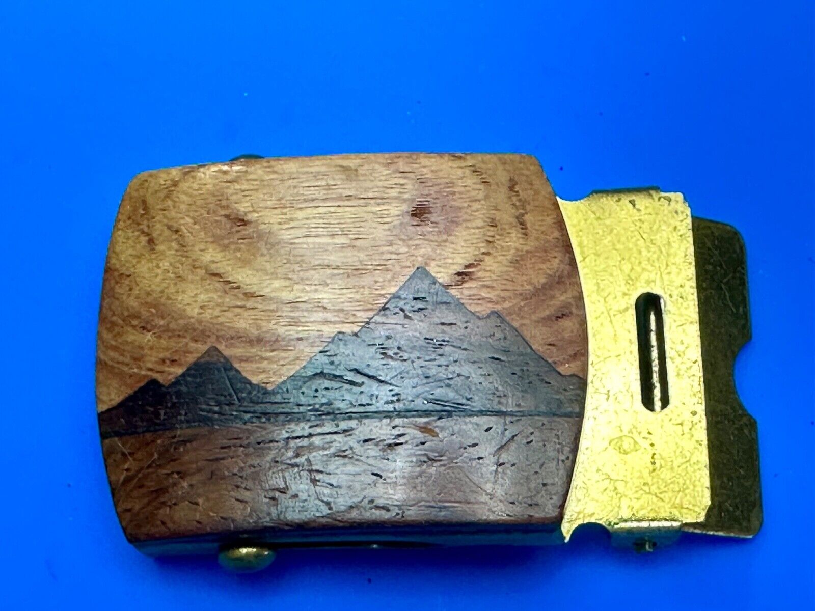 Artisan Mountain scene - Mixed Wood Top Solid Brass Ratchet Dress Belt Buckle