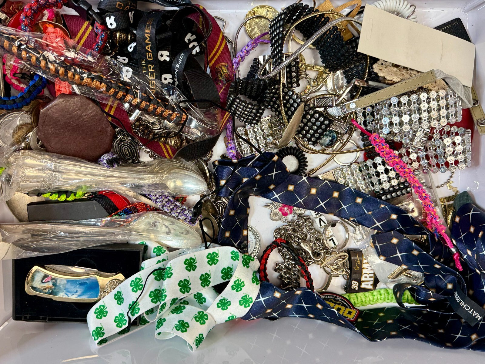 6.4 Pounds Mixed Junk Drawer Lot - Silverware Belts Bracelets Coins - Resale 