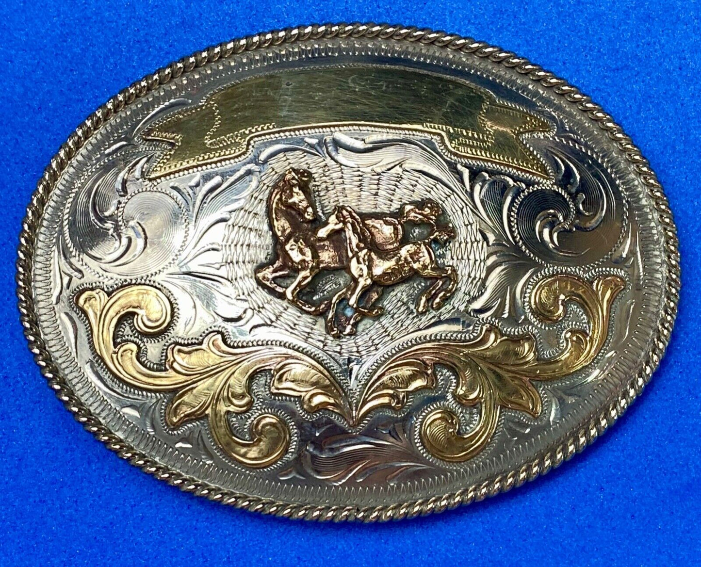 5" wide! Alpaca Mexico stamped wild mustangs horses running wild belt buckle