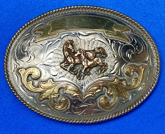 5" wide! Alpaca Mexico stamped wild mustangs horses running wild belt buckle