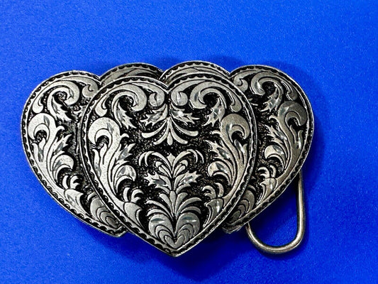 Tripple 3 Hearts. Western Three Heart shaped Vtg. 1995 cutout Belt Buckle by C&J