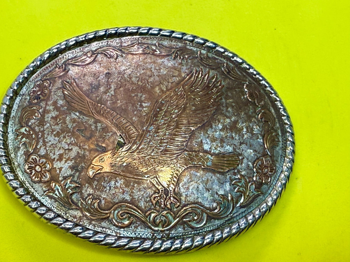 American Bald Flying Eagle Flower Swirl Ornate Brown Color Belt Buckle W USA