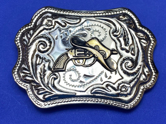 Vintage Cowboy Hat & Revolver Pistol Western Belt Buckle Cap Gun Buckle