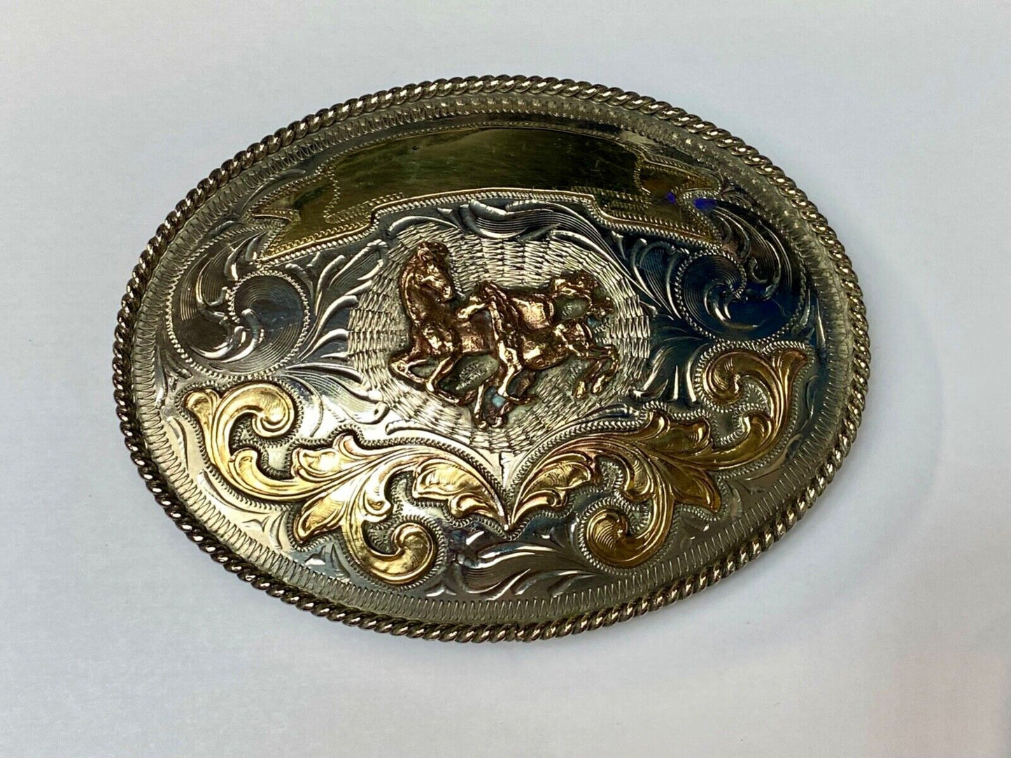 5" wide! Alpaca Mexico stamped wild mustangs horses running wild belt buckle