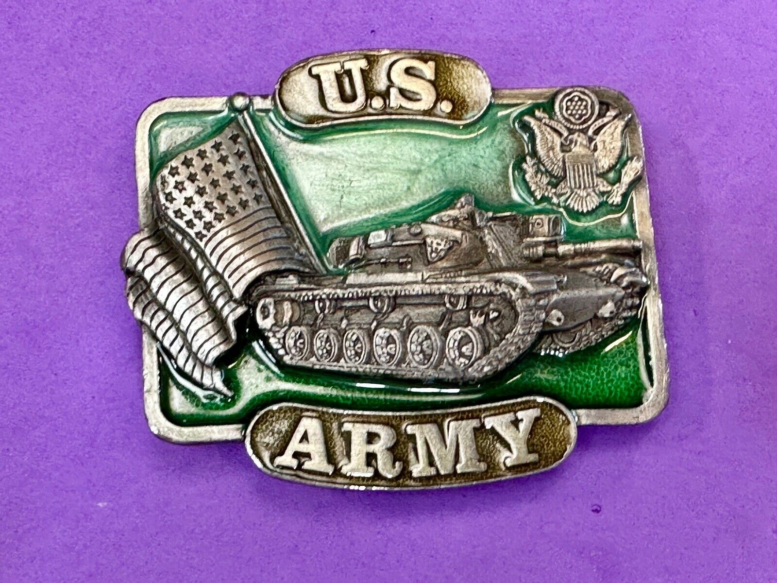 U.S. Army Belt Buckle Tank Flag vintage 1982 Bergamot Brass Works K-32