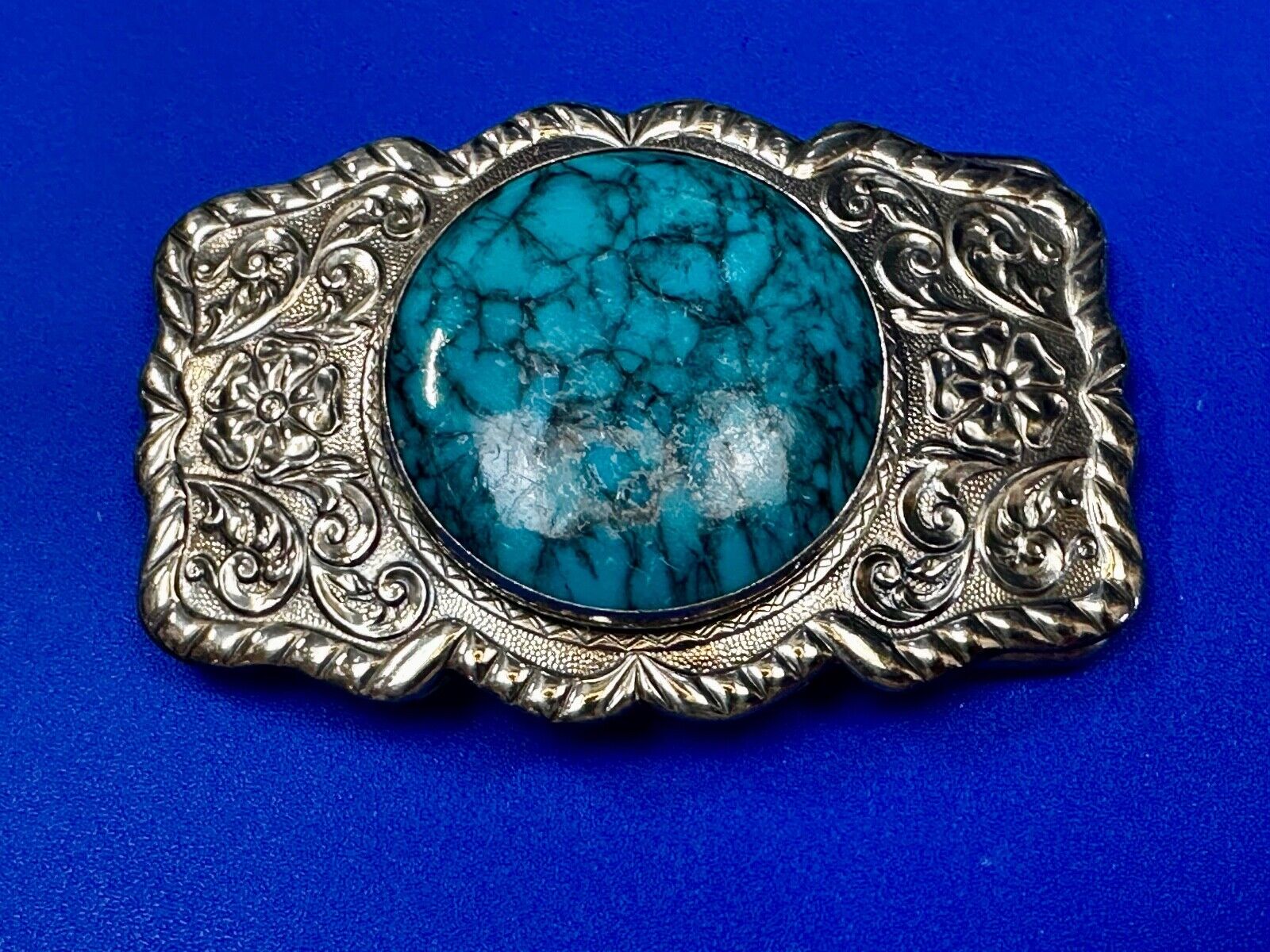 1960s Bell Trading Post Nickel Silver W/ Round Simulated Turquoise Belt Buckle