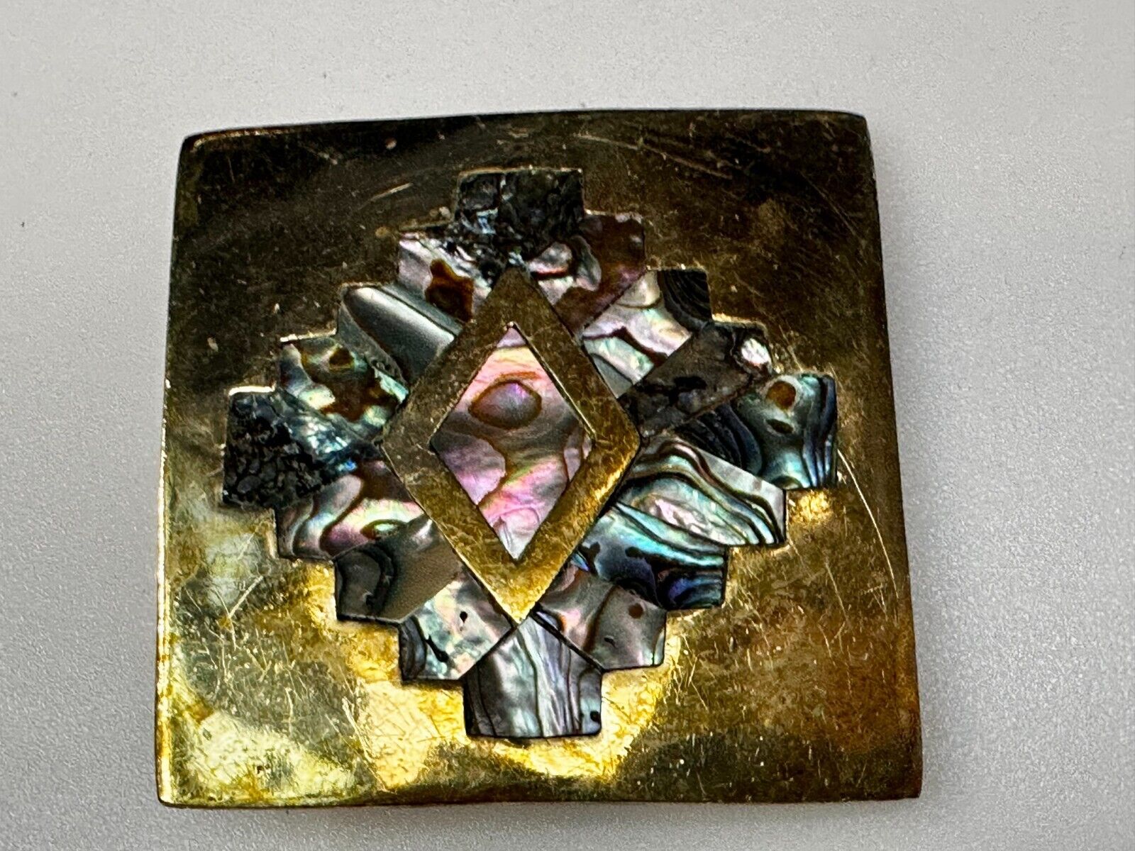 Vintage Inlaid Abalone Shell Into Solid Brass Hippy Vibe Alpaca? Belt Buckle