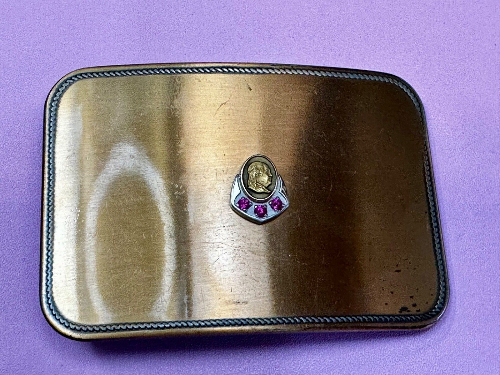 Vintage 10K Gold Benjamin Ben Franklin Centerpiece Belt Buckle with 3 ruby's