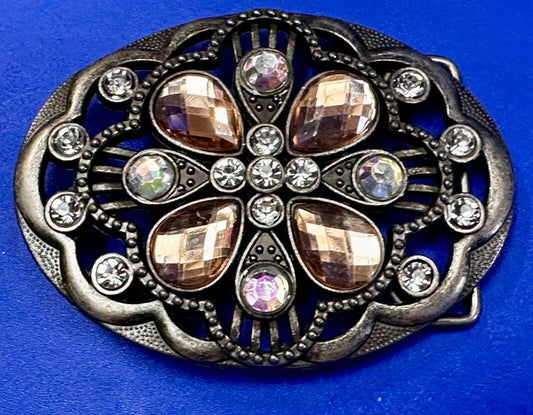 Beautiful Floral Design Silver Tone Metal W/ Rhinestones See Through Belt Buckle