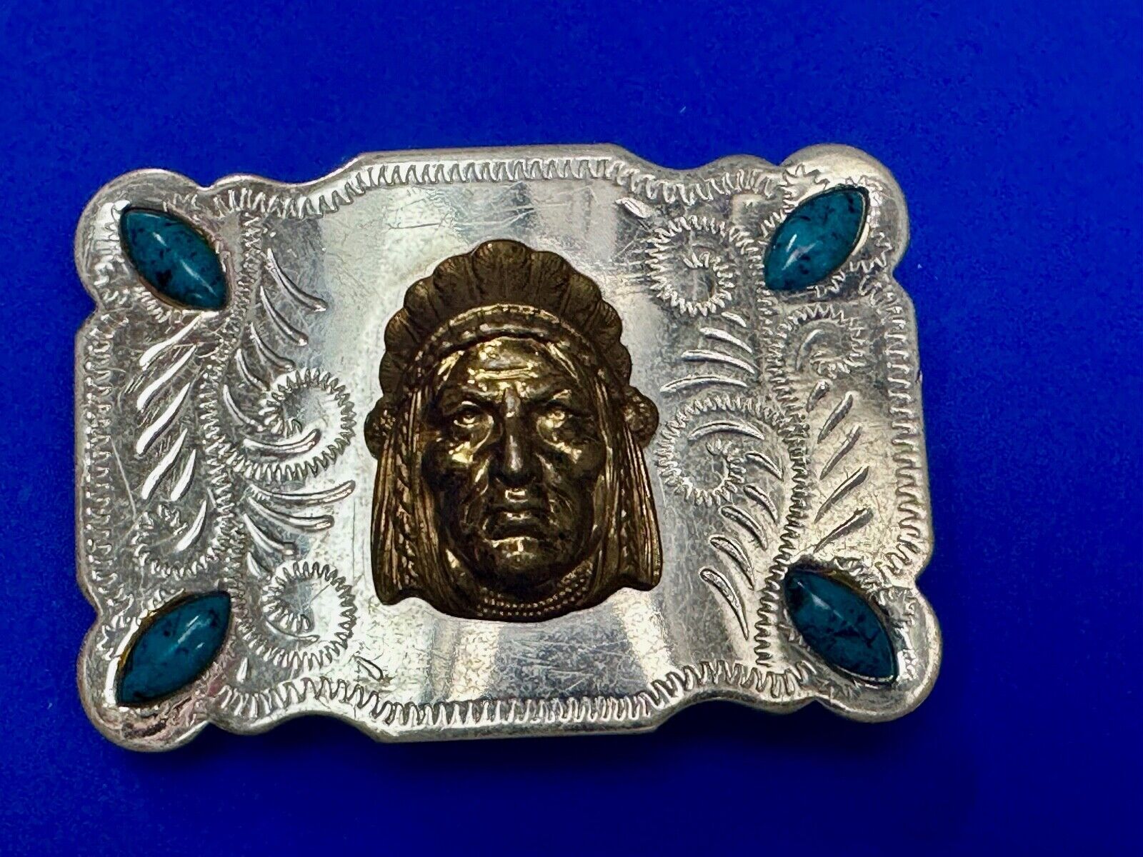 3D Native American Indian Chief & Turquoise stones Nickel Silver Vtg Belt Buckle