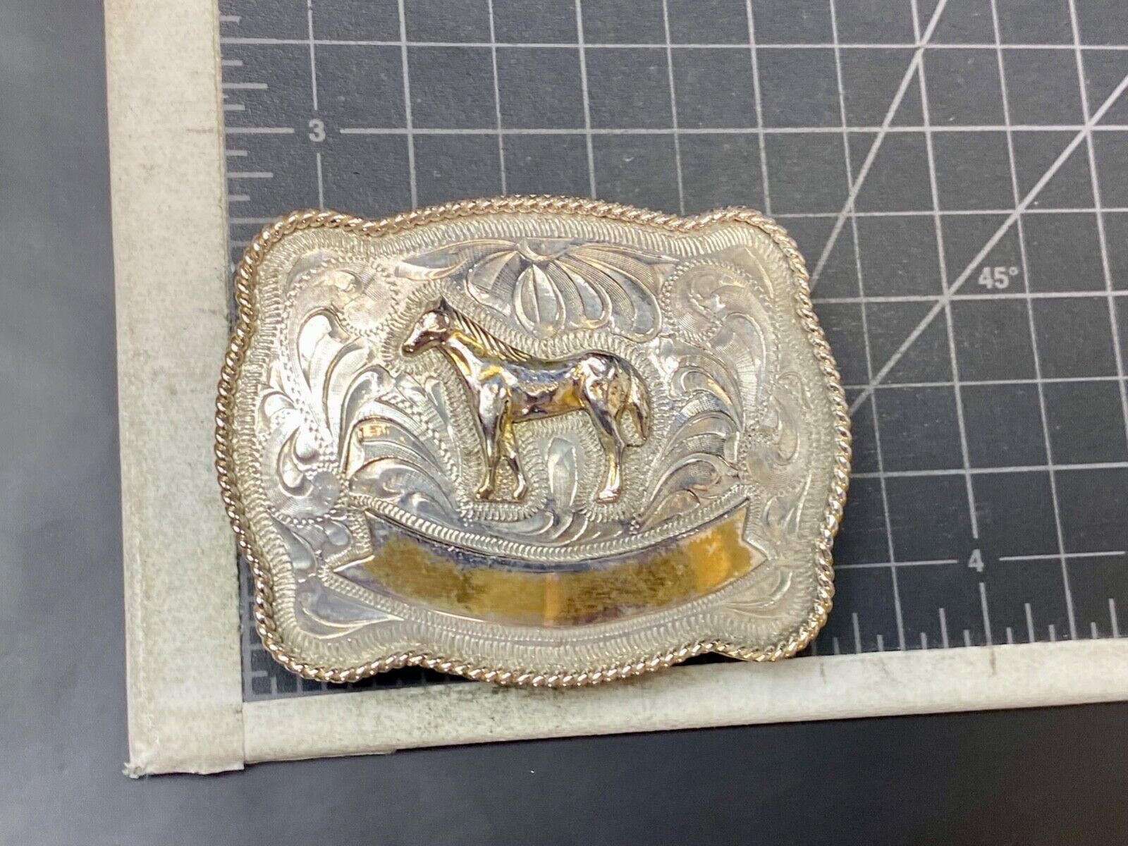 Vintage HORSE western Justin Boot Company belt buckle with Award Ribbon