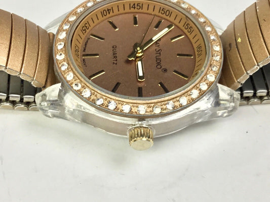 Bay Studio Ladies Silver Clear Acrylic Brown Bronze Rhinestone watch