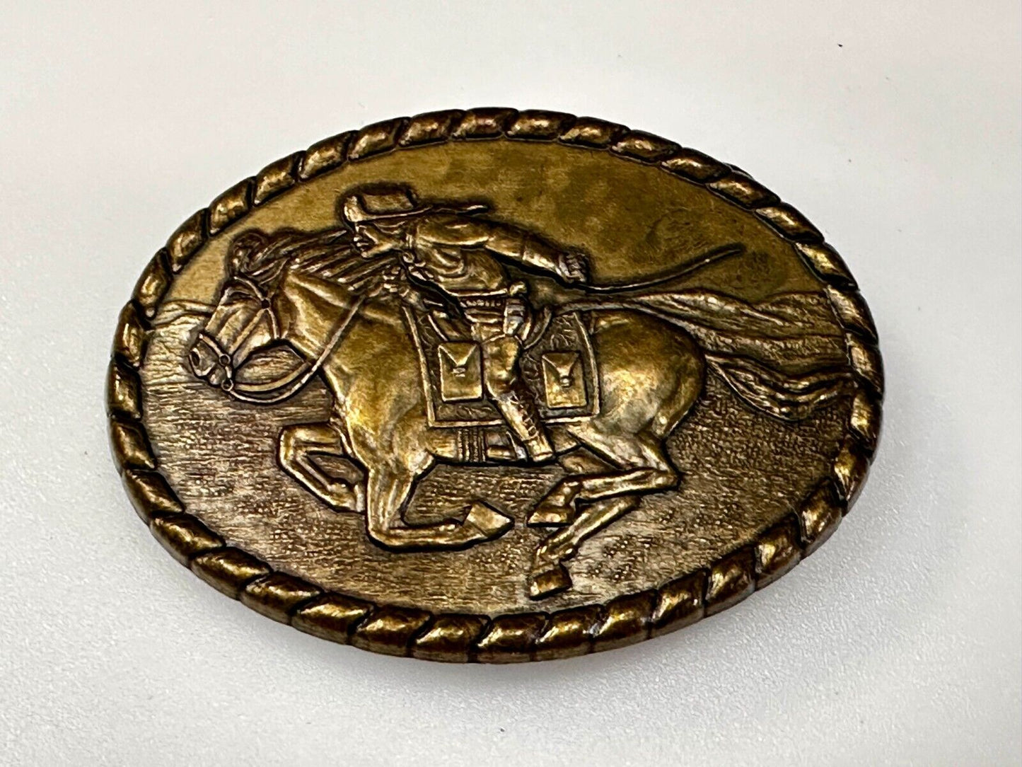 Vintage 1981 Pony Express Rider Mervyn's Commemorative Brass Tone Belt Buckle