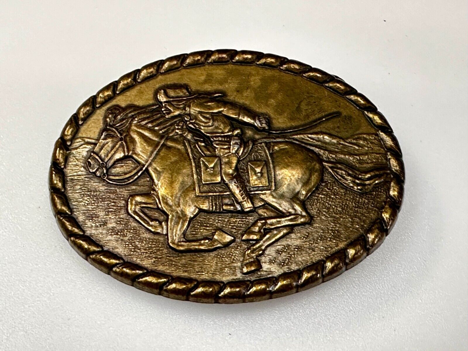 Vintage 1981 Pony Express Rider Mervyn's Commemorative Brass Tone Belt Buckle