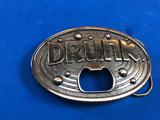 vintage large metal Bottle Opener / belt buckle - words DRUNK   Beer glass party