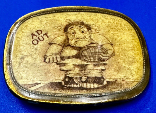 Vintage Cartoon Man AD OUT - Tennis Game Match Retro Sports Belt Buckle