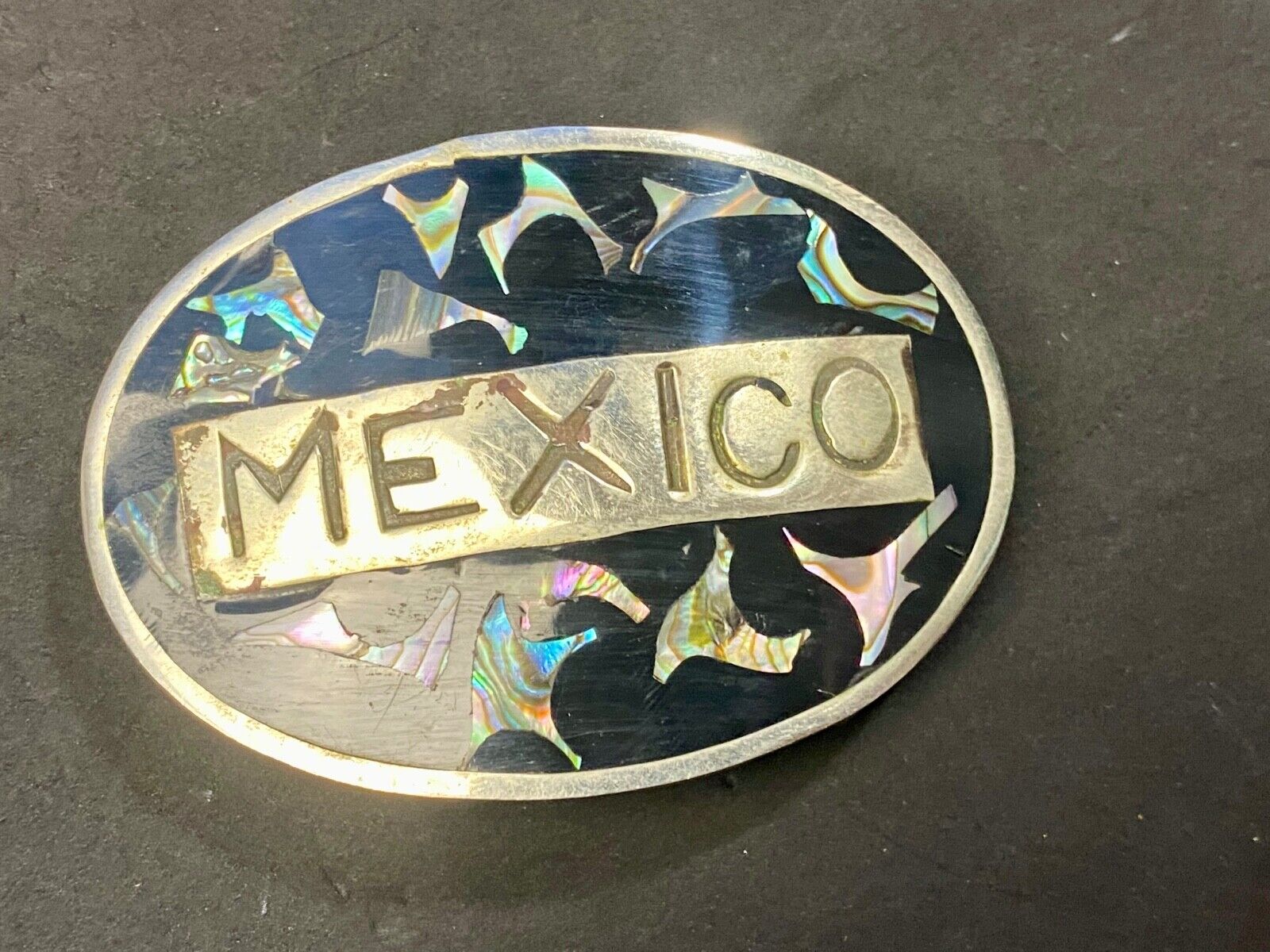 Vintage Inlaid Mother of Pearl MEXICO Spelled Out country belt buckle 